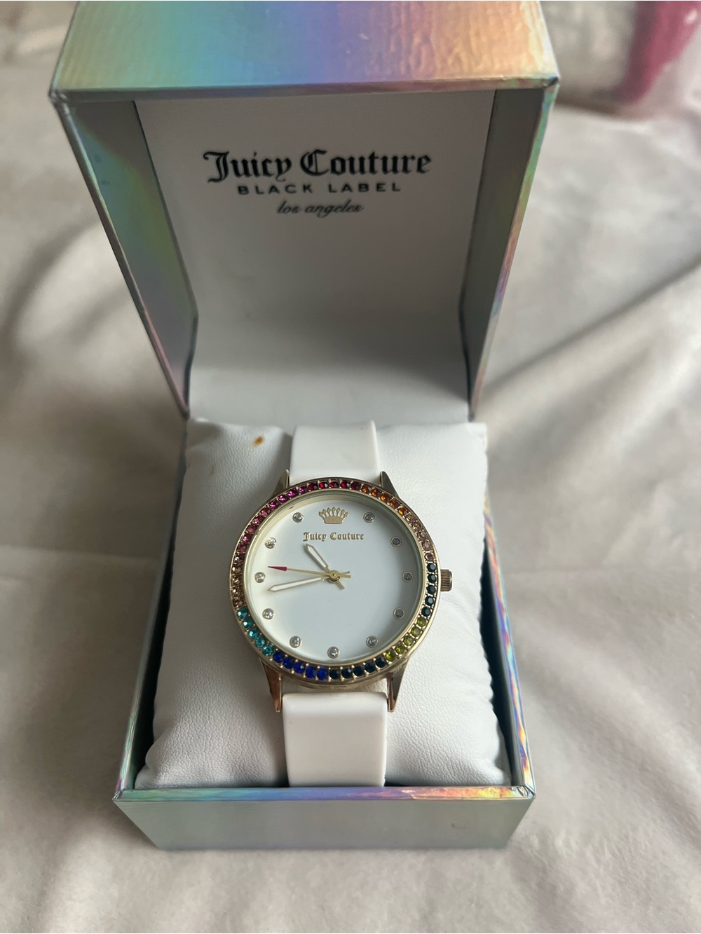 Juicy Couture White Watch with Rainbow Crystal Bezel